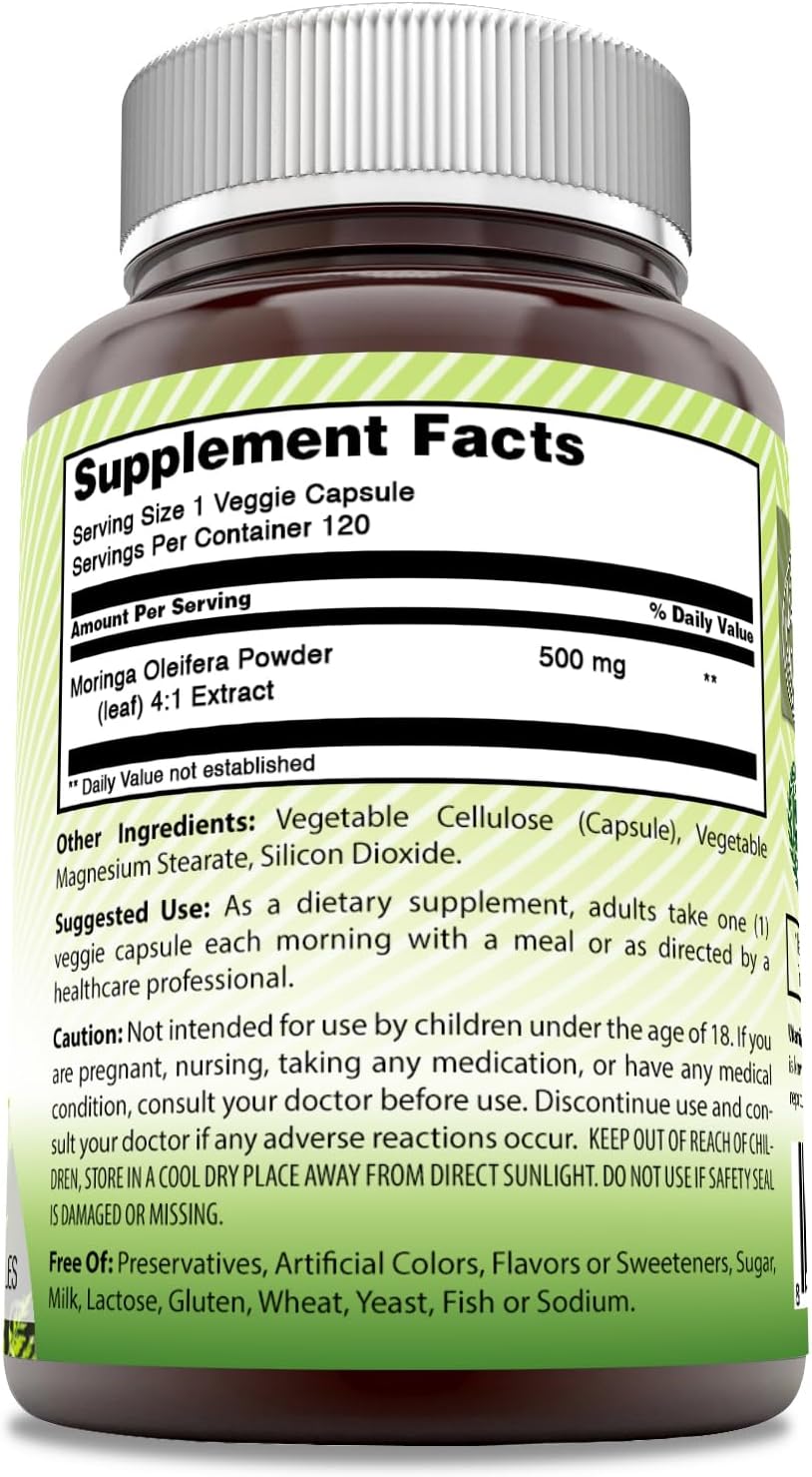 Amazing India Moringa 500 mg 120 Vegetable Capsules Supplement | Non-GMO | Gluten-free - görsel 3
