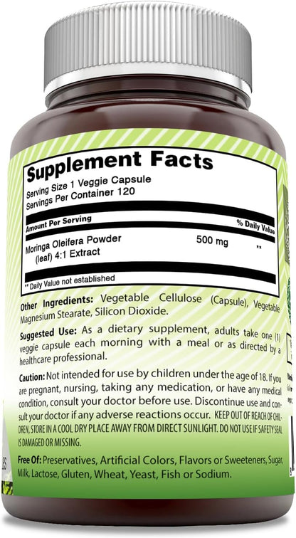 Amazing India Moringa 500 mg 120 Vegetable Capsules Supplement | Non-GMO | Gluten-free