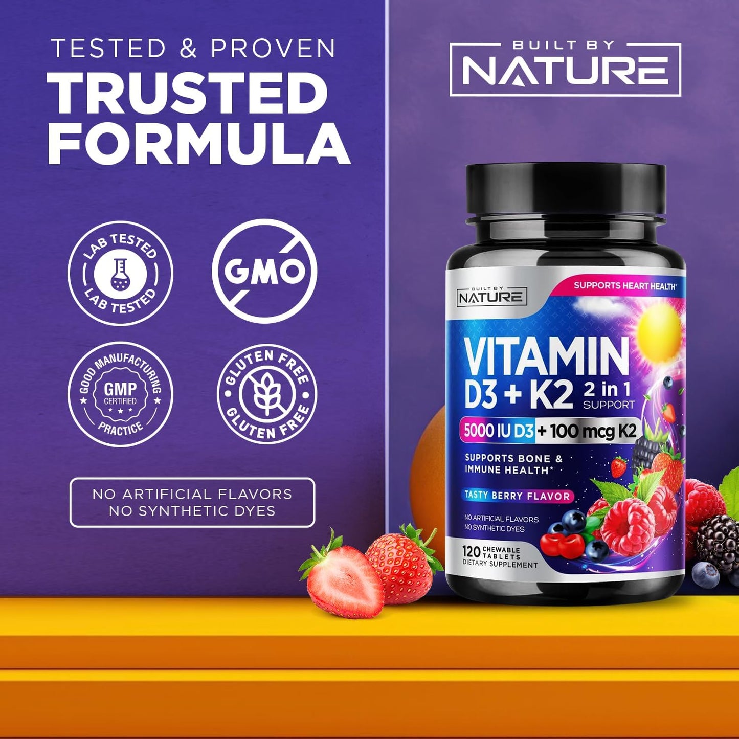 Vitamin D3 K2 Chewable, 5000 IU & K2 MK-7 100 mcg, 120 Tablets | 2-in-1 Supplement for Immune, Heart & Bone Support, Non-GM, Berry Flavour - görsel 4