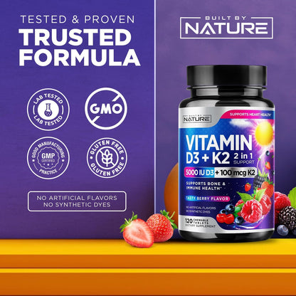 Vitamin D3 K2 Chewable, 5000 IU & K2 MK-7 100 mcg, 120 Tablets | 2-in-1 Supplement for Immune, Heart & Bone Support, Non-GM, Berry Flavour