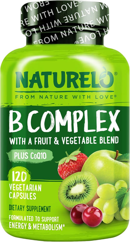 NATURELO Vitamin B Complex - Methylated with CoQ10, Folate & Biotin - Vegan, 240 Capsules