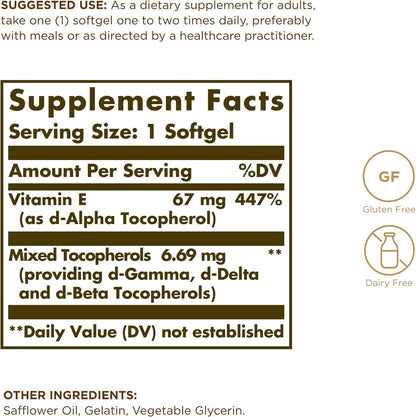 Solgar Vitamin E 67 mg (100 IU) - 100 Softgels, Pack of 2 - Natural Antioxidant Support - Gluten & Dairy-free