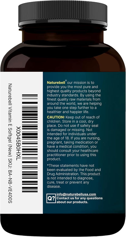 NatureBell Vitamin E Oil Softgels, 400 IU per Serving, 400 Capsules | Essential Antioxidant Supplement, Easily Absorbed Form – Contributes to Normal Immune Function & Skin Health – Non-GMO