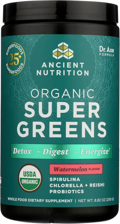 Ancient Nutrition SuperGreens Powder with Probiotics, Organic Watermelon Flavour - 25 Servings