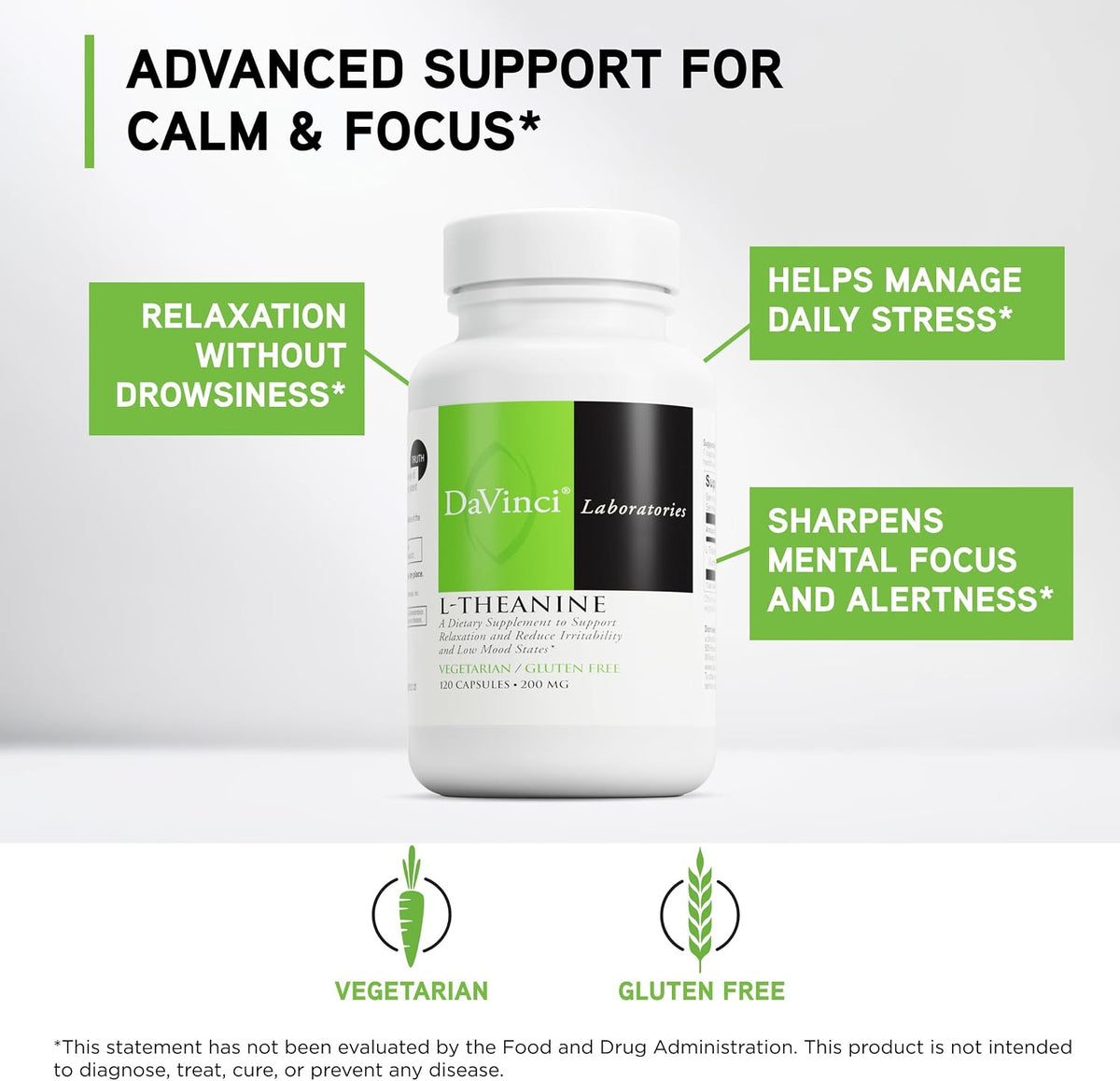 DAVINCI Labs L-Theanine – 200 mg, 120 Vegetarian Capsules – Food Supplement for Focus and Relaxation - görsel 3