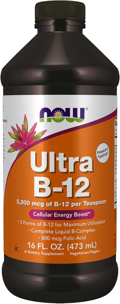 NOW Foods Ultra B12 Liquid – 5000mcg B12 with 800mcg Folic Acid, 473ml