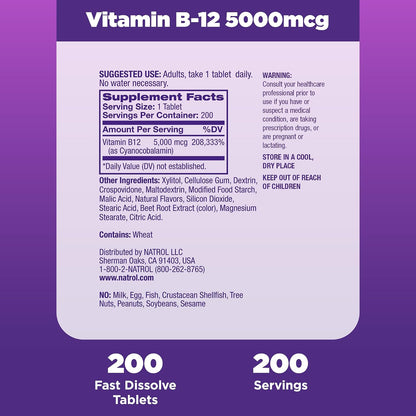Natrol B12 5000 µg Fast Dissolve Tablets, Energy Metabolism Support, 200 Count