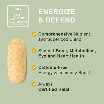 Noor Vitamins Energy+ Multivitamin; Halal Vitamin for Energy & Immunity, 26 Vitamins & Minerals, Black Seed, Dates, Honey, Gelatine Free, 2 Month Supply