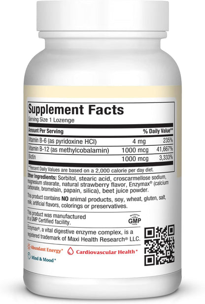 Maxi Health Triple B Lozenges - Vitamin B12 & B6 & Biotin - Strawberry Flavour - 180 Chewies - Kosher