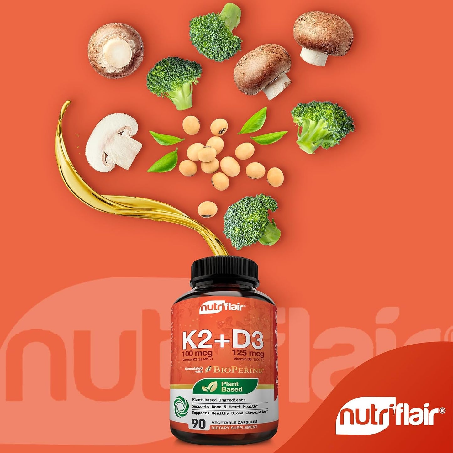 NutriFlair Vitamins D3 (5000 IU) + K2 (as MK-7) - Plant-Based with BioPerine, 90 Capsules - görsel 3