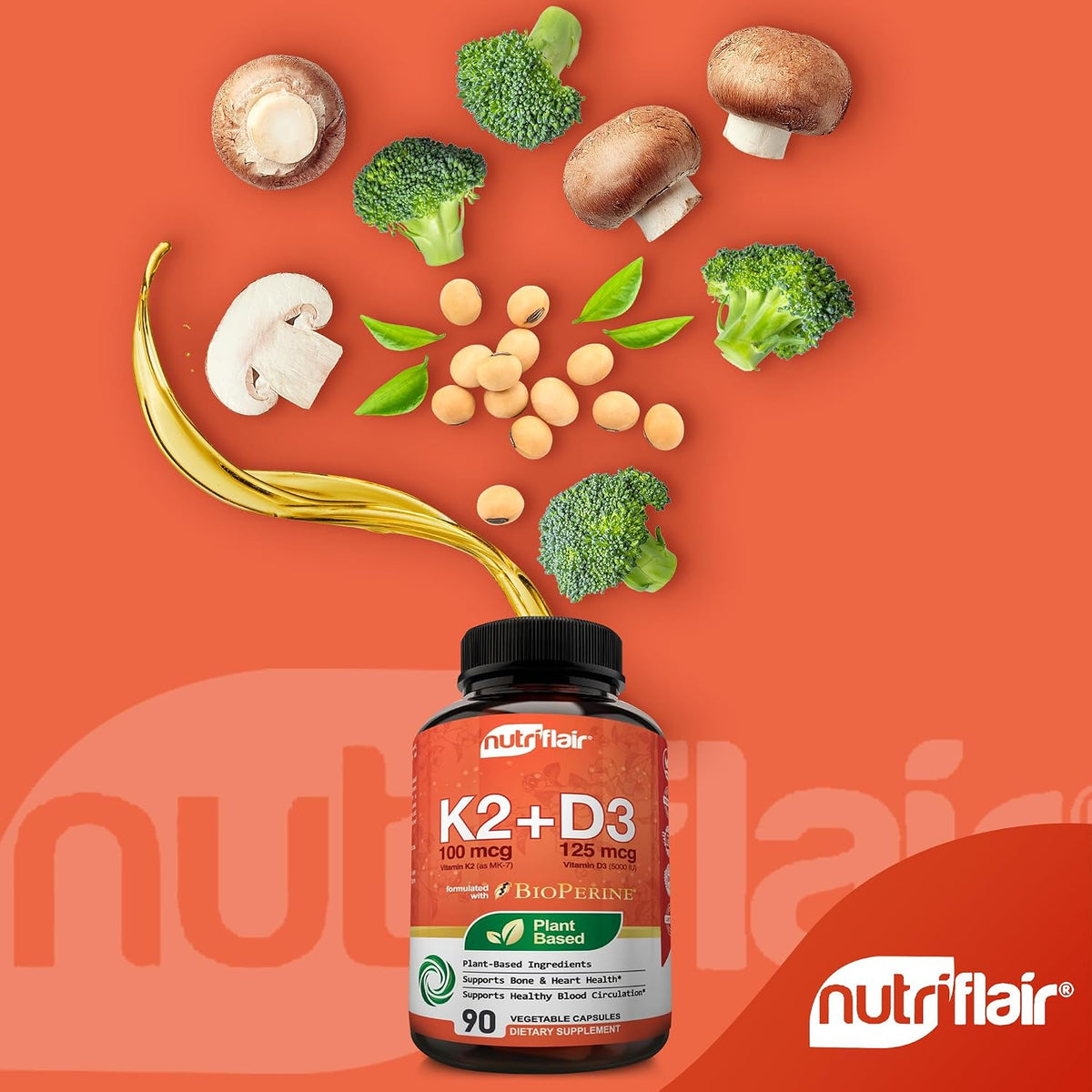 NutriFlair Vitamins D3 (5000 IU) + K2 (as MK-7) - Plant-Based with BioPerine, 90 Capsules - görsel 3