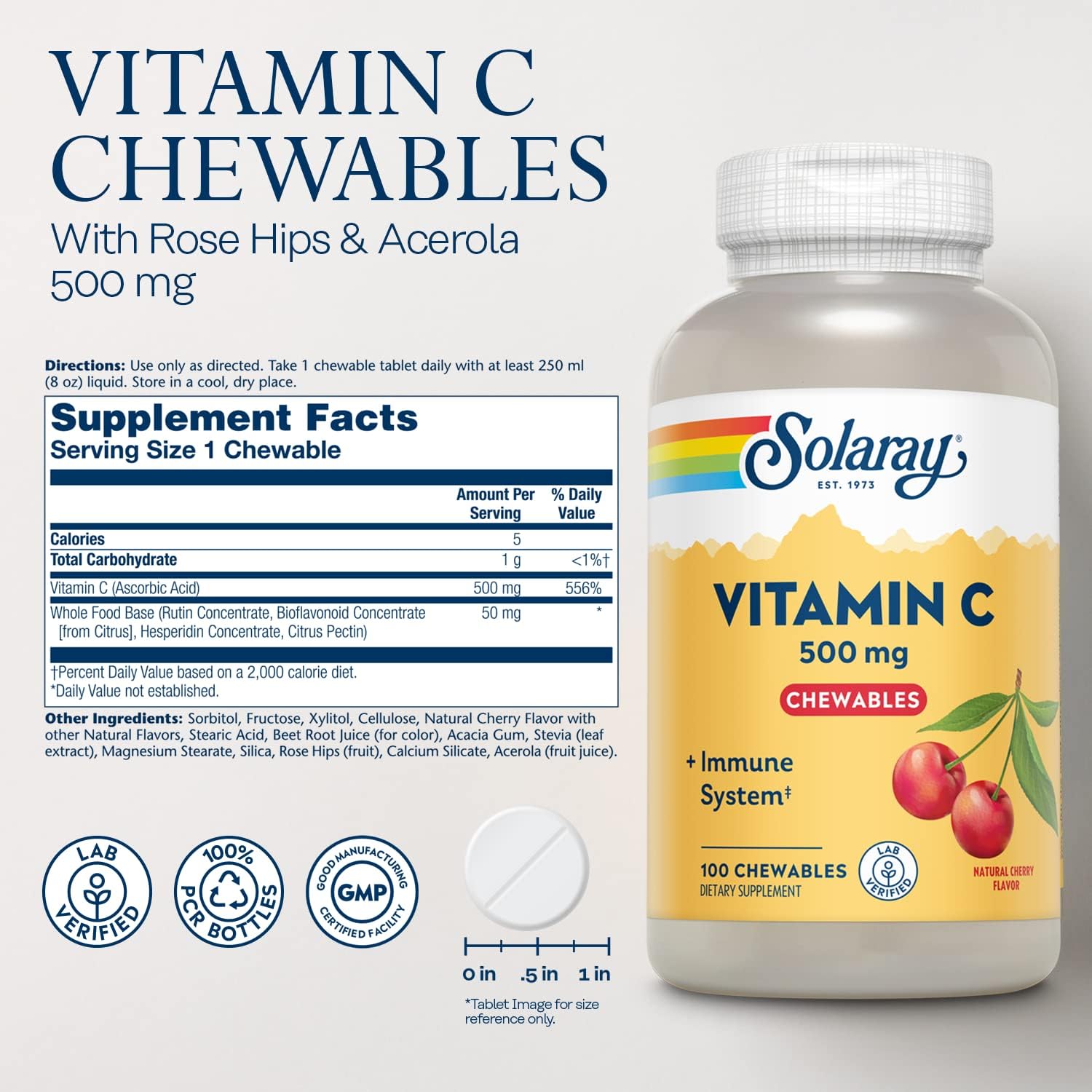 SOLARAY Chewable Vitamin C 500 mg - Natural Cherry Flavour, 100 Chewables - görsel 2
