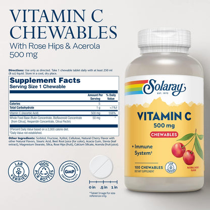 SOLARAY Chewable Vitamin C 500 mg - Natural Cherry Flavour, 100 Chewables