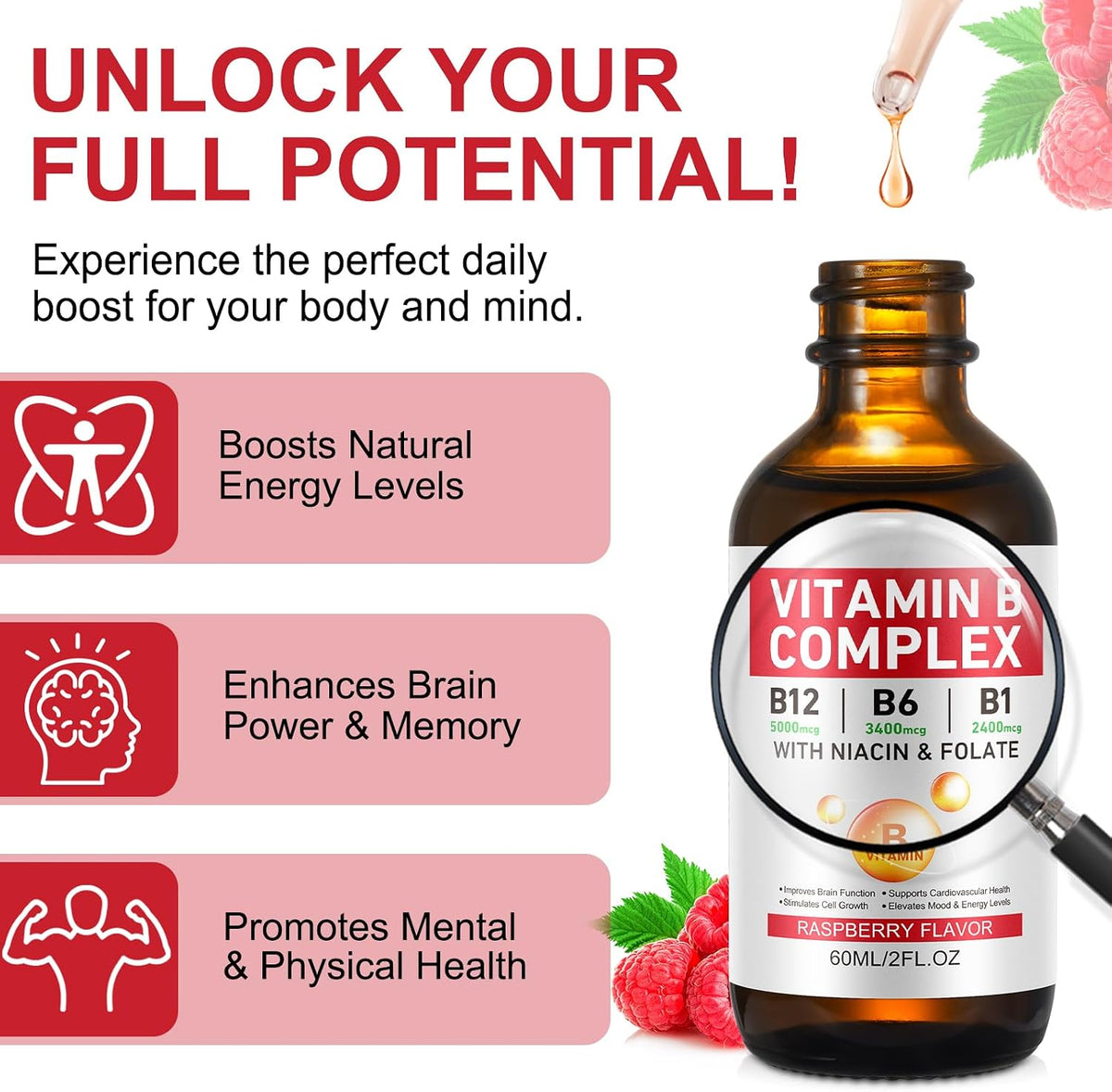 Vitamin B Complex Liquid Drops – Vegan B12 Methylcobalamin, B1 Thiamine, B6 Pyridoxine, Folic Acid, Niacin – Supports Energy, Brain & Heart Health, 40 Servings - görsel 2