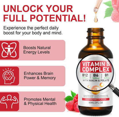 Vitamin B Complex Liquid Drops – Vegan B12 Methylcobalamin, B1 Thiamine, B6 Pyridoxine, Folic Acid, Niacin – Supports Energy, Brain & Heart Health, 40 Servings