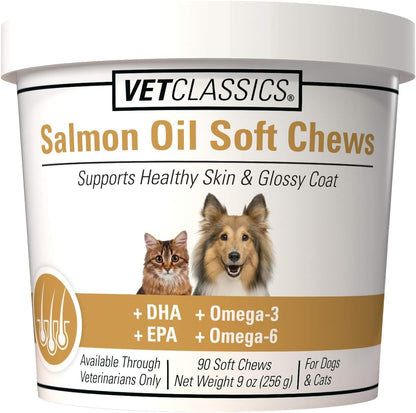 Vet Classics Salmon Oil Pet Supplement for Healthy Skin and Glossy Coats – Soft Chews for Dogs and Cats (90 Count)