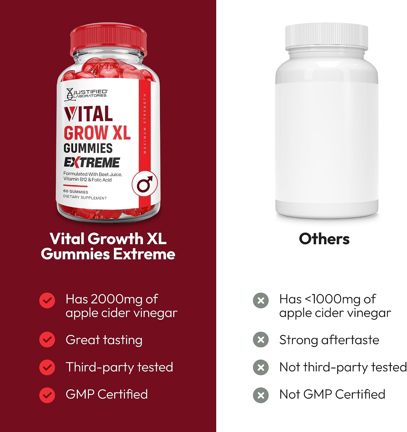 Justified Laboratories Vital Grow XL Gummies Extreme (2000 mg) - 60 Count - Formulated with Apple Cider Vinegar, Folate & Vitamin B12 - Non-GMO, Vegan, Gluten-free - 30 Servings - görsel 3