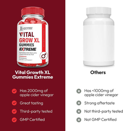 Justified Laboratories Vital Grow XL Gummies Extreme (2000 mg) - 60 Count - Formulated with Apple Cider Vinegar, Folate & Vitamin B12 - Non-GMO, Vegan, Gluten-free - 30 Servings