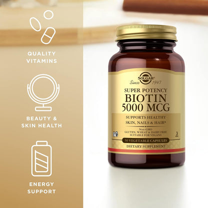Solgar Biotin 5000 mcg - 100 Vegetable Capsules - Contributes to Normal Skin, Nails & Hair