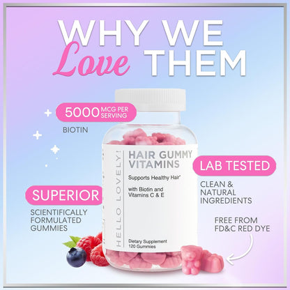 Hair Vitamin Gummies with Biotin – Vitamins E, C & Zinc for Normal Hair and Skin, Premium Vegetarian & Non-GMO – Natural Support for Healthy-Looking Hair, Skin & Nails – 120 Gummy Bears