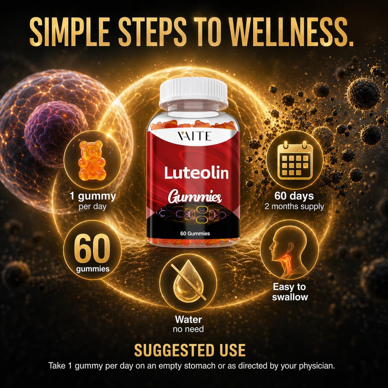 VAITE Luteolin 100mg Gummies – Vegan, Non-GMO, Sugar-Free – Antioxidant Supplement for Daily Vitality – 60 Chewable Gummies - görsel 4