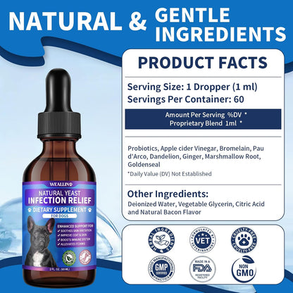 WEALLIN Natural Yeast Infection Treatment for Dogs - Probiotic-Powered Drops with 8-Herbal Blend, Bacon-Flavoured Oral Supplement for Skin, Ears, and Allergy Relief