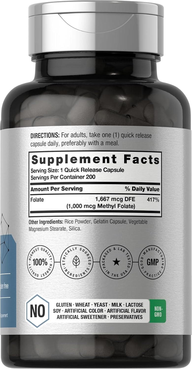 Horbäach Methyl Folate Supplement | 1000 mcg | 200 Capsules | Active 5-MTHF - görsel 2