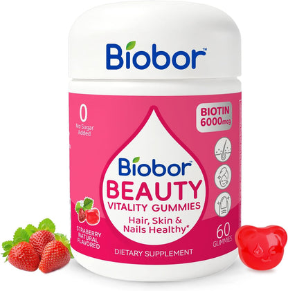 Biobor Natural 6000mcg Biotin Gummies - No Added Sugar, Hair Skin and Nails Support with Vitamins A, C, E (Strawberry, 60 Count)