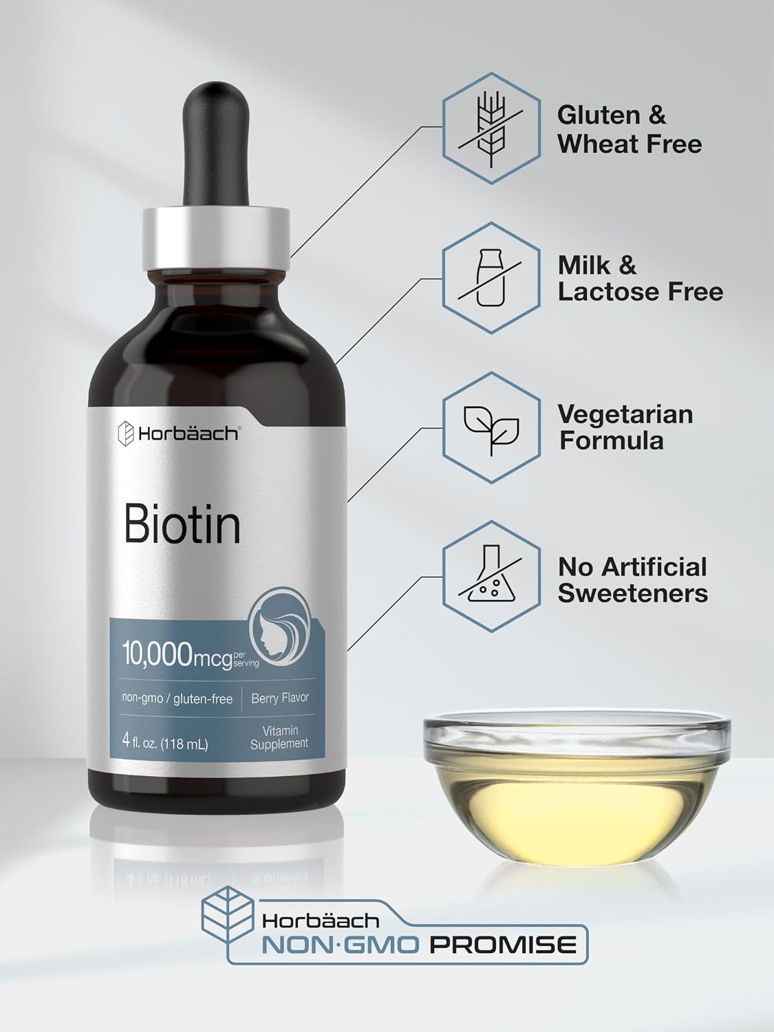 Horbäach Biotin Liquid Drops 10000mcg | 120 ml | Berry Flavour | Vegetarian, Non-GMO & Gluten-free Supplement - görsel 5