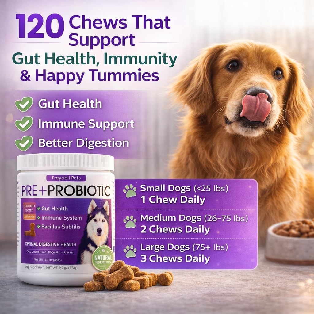 Freydell Pets Probiotics for Dogs – Digestive Enzymes, Prebiotics & Fibre Soft Chews – 120 Chews - görsel 8