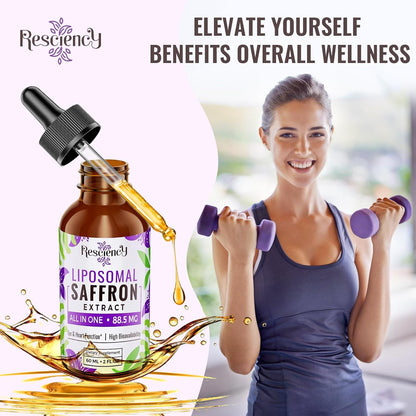 Resciency Liposomal Saffron Supplement Drops 88.5mg – High Bioavailability Liquid Saffron Extract for Mood Support, Energy, Focus & Vision with Ashwagandha, Magnesium, Zinc, B12 & D3, 60 ml