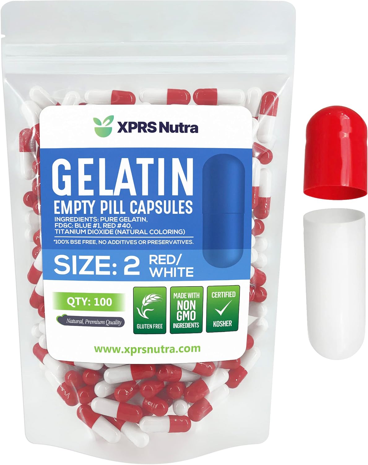 XPRS Nutra Size 2 Empty Gelatine Capsules - 100 Count (Red/White) - görsel 1