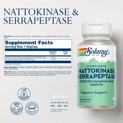 SOLARAY Nattokinase Serrapeptase Supplement - Enteric Coated - 3000 FU Nattokinase - Circulation and Sinus Support - 30 Veg Caps