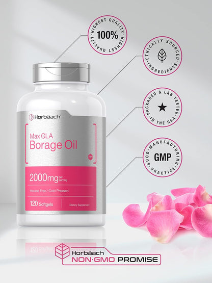 Horbäach Borage Oil Softgels 2000 mg - 120 Softgels | Cold-Pressed with 320 mg GLA