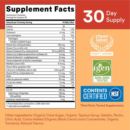 SmartyPants Kids Multivitamin Gummies with Omega 3 Fish Oil, Vitamin D3, C, B12, B6, A, K & Zinc for Immune Support, Biotin, Gluten Free, Natural Fruit Flavours, 120 Count