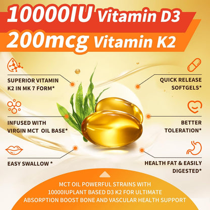 Mulittea Plant-Based Vitamin D3 & K2 10,000 IU with Coconut MCT Oil - 250 Soft gel capsules