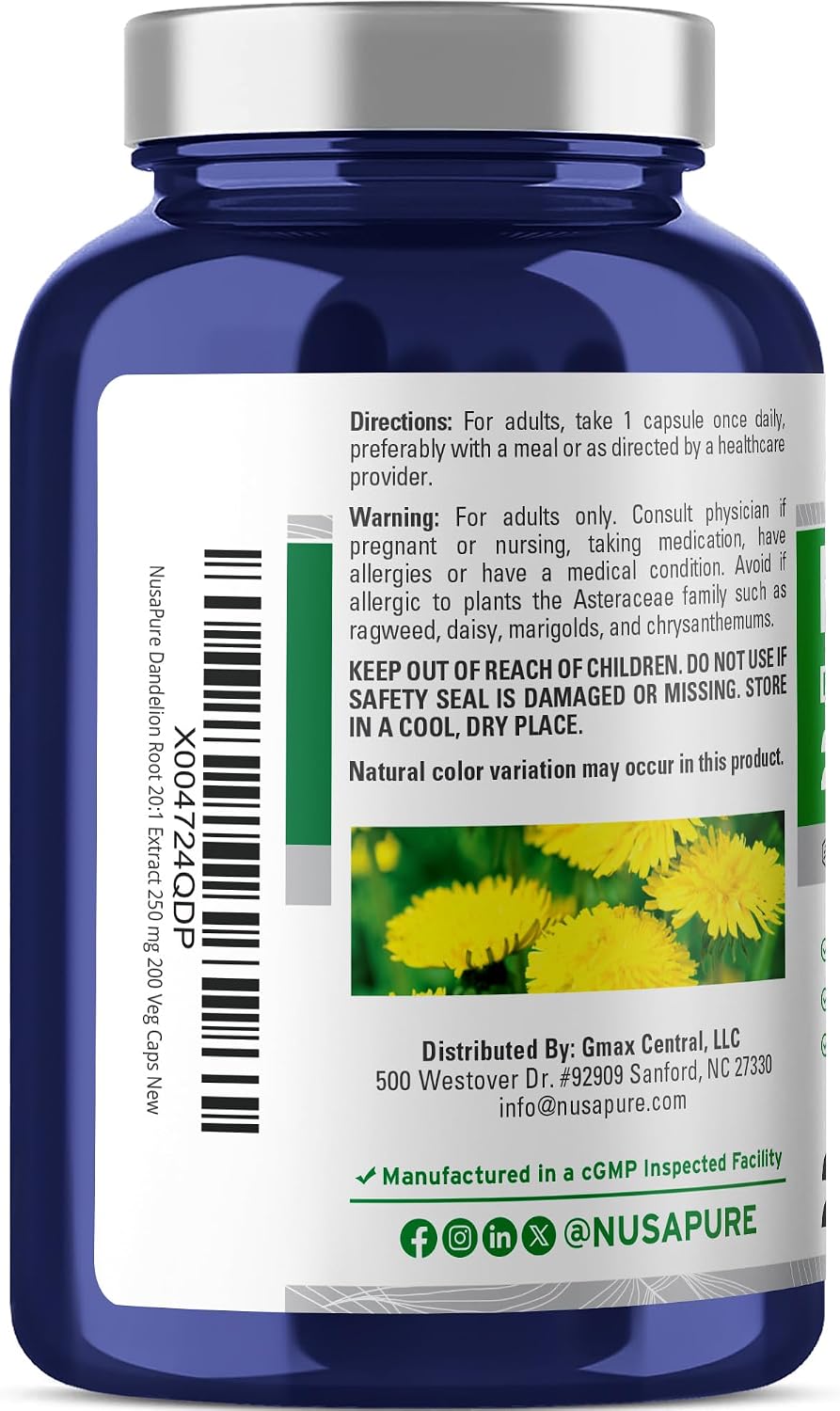 NusaPure Dandelion Root, 250 mg, 200 Veg Capsules (Non-GMO, Vegan) - görsel 3