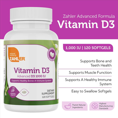 Zahler Advanced Vitamin D3 1000 IU Softgels (120 Count) - Kosher, Non-GMO
