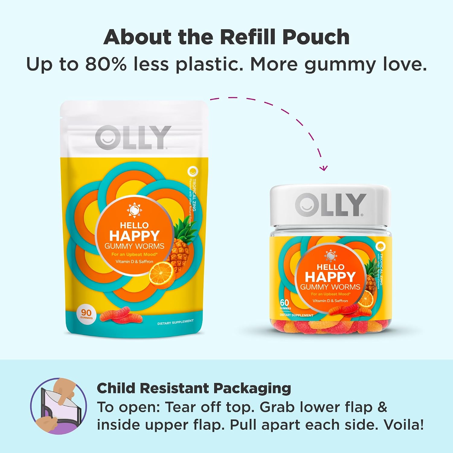 OLLY Hello Happy Gummy Worms – Mood Support with Vitamin D & Saffron, Tropical Zing, 90 Count - görsel 4