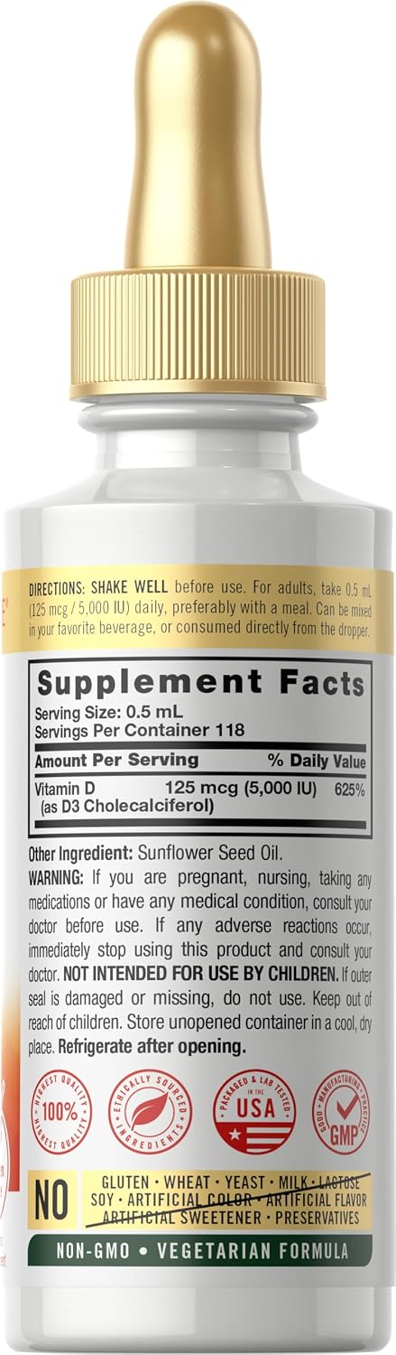 Carlyle Vitamin D3 Liquid Drops | 5000 IU (125 mcg) | 60 ml | Vitamin D Supplement for Adults | Vegetarian, Non-GM, and Gluten-free - görsel 2