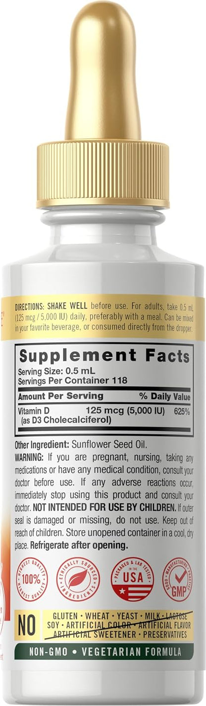 Carlyle Vitamin D3 Liquid Drops | 5000 IU (125 mcg) | 60 ml | Vitamin D Supplement for Adults | Vegetarian, Non-GM, and Gluten-free