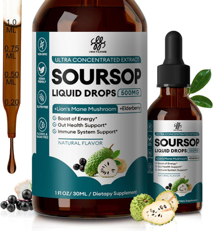 iMATCHME Soursop Graviola Liquid Drops – Immune, Digestive and Antioxidant Support with Elderberry & Lion's Mane, 30 ml