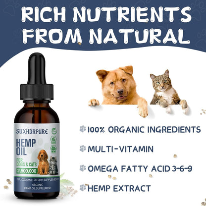 Organic Hemp Oil for Dogs and Cats - Omega-3 6 9 Supplement - Liquid Drops