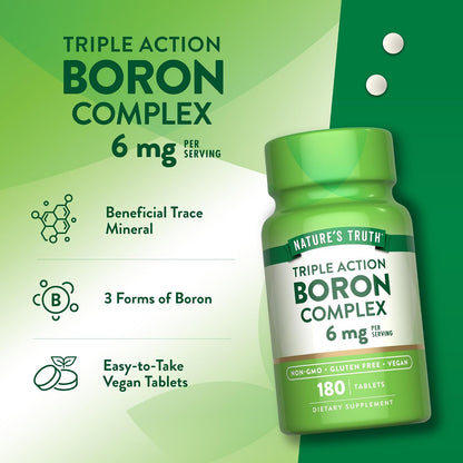 Nature's Truth Triple Action Boron Complex Food Supplement | 6mg | 180 Tablets | Vegan, Non-GM & Gluten-free Mineral Support
