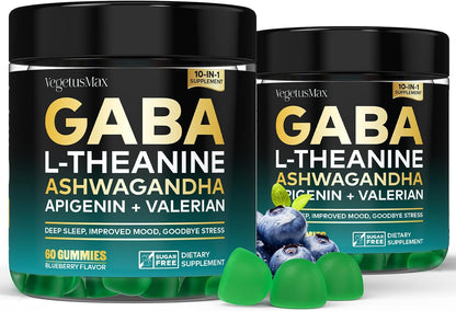 GABA Gummies 500mg for Stress Support, Relaxation, Melatonin-Free Calm Gummies with L-Theanine, Ashwagandha, Magnesium & Valerian Root – 60 Count