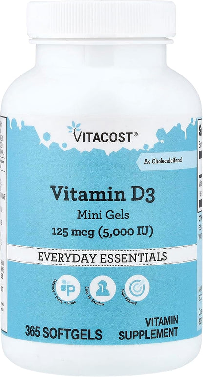 Vitacost Vitamin D3 Mini Softgels, 125 mcg (5,000 IU), 365 Capsules
