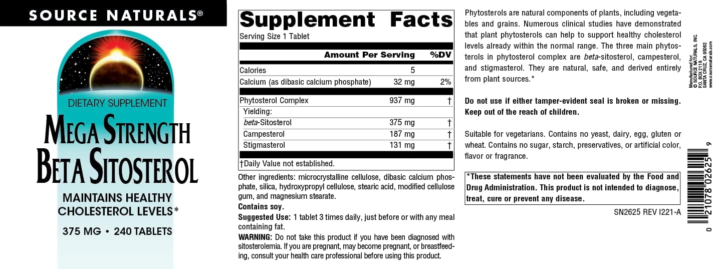 Source Naturals Mega Strength Beta Sitosterol, Plant Sourced, 375mg - 240 Tablets - görsel 4