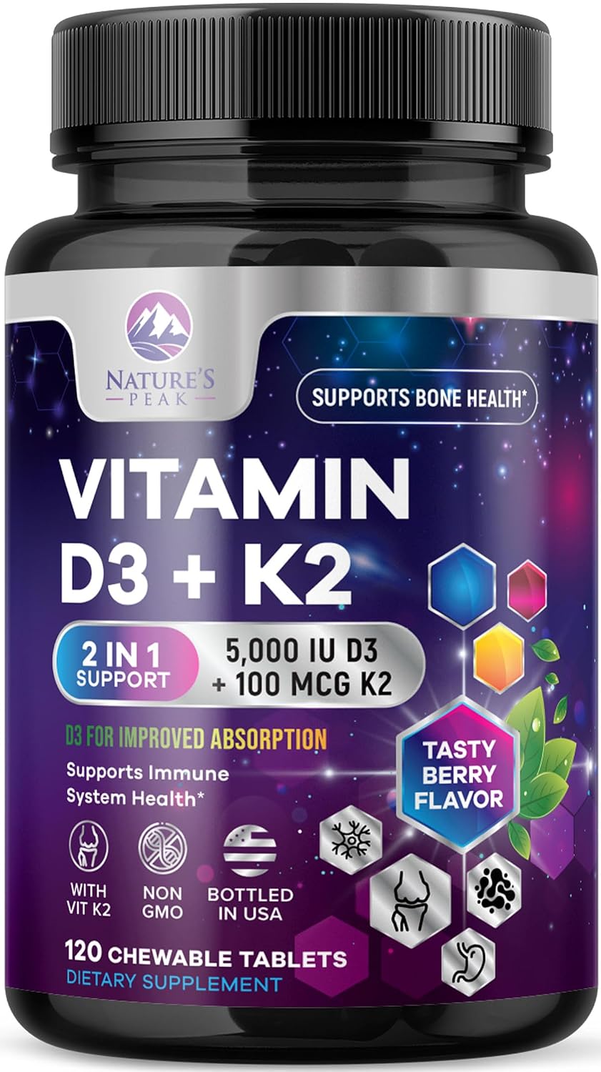 Vitamin D3 K2 - 5000 IU Vitamin D3 & 100 mcg Vitamin K2 MK-7 per Serving - Bone, Heart, & Immune Health Support - Calcium Absorption - D3K2 Berry Chew, Gluten-free, Non-GMO - 120 Tablets - görsel 1