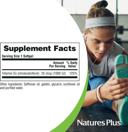 NaturesPlus Vitamin D3 1000 IU - 180 Softgel Capsules - Bone Health & Immune Support