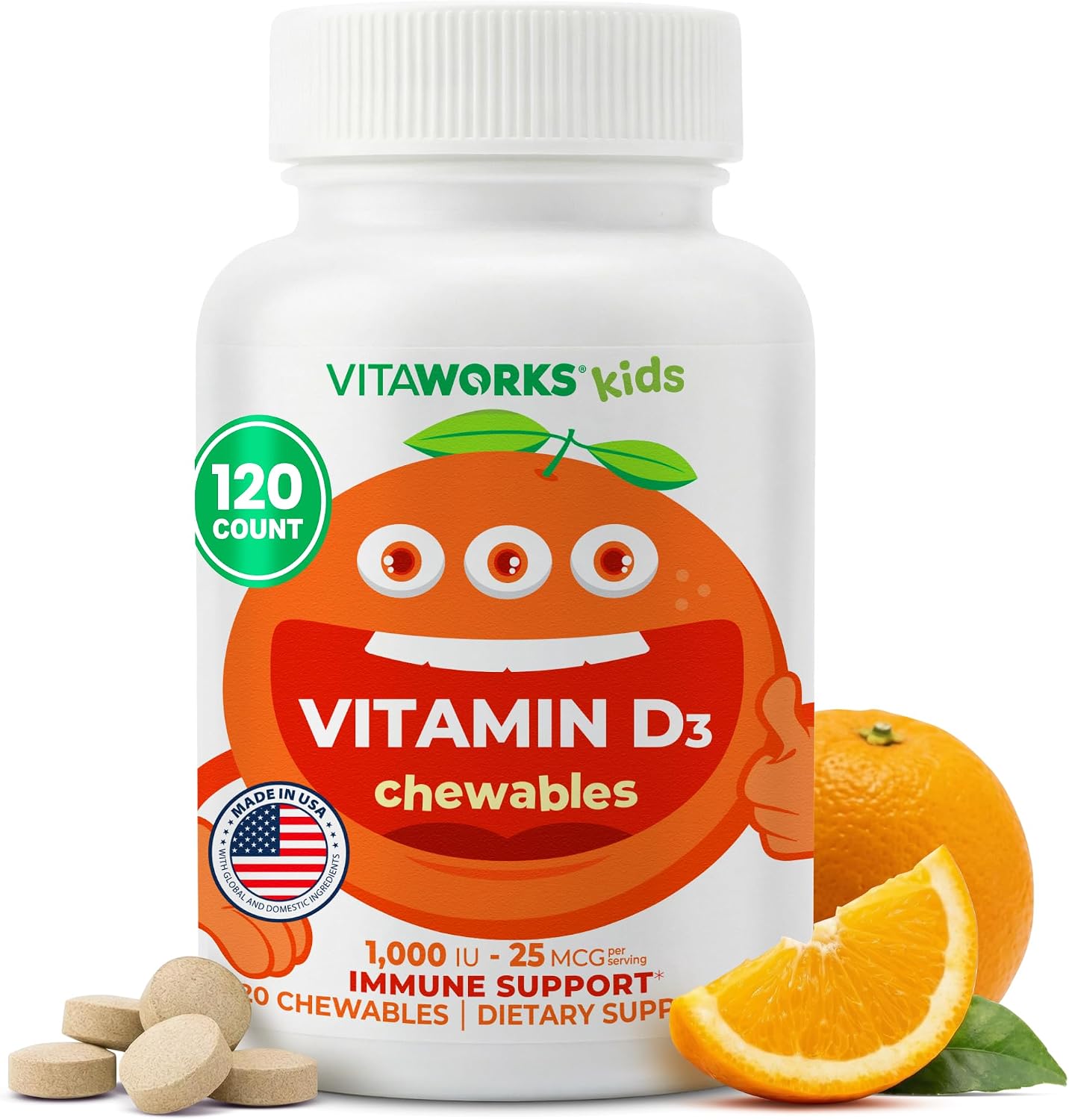 VitaWorks Kids Vitamin D 1000 IU Chewable Tablets - Orange Flavour - Vegan - 120 Count - görsel 1